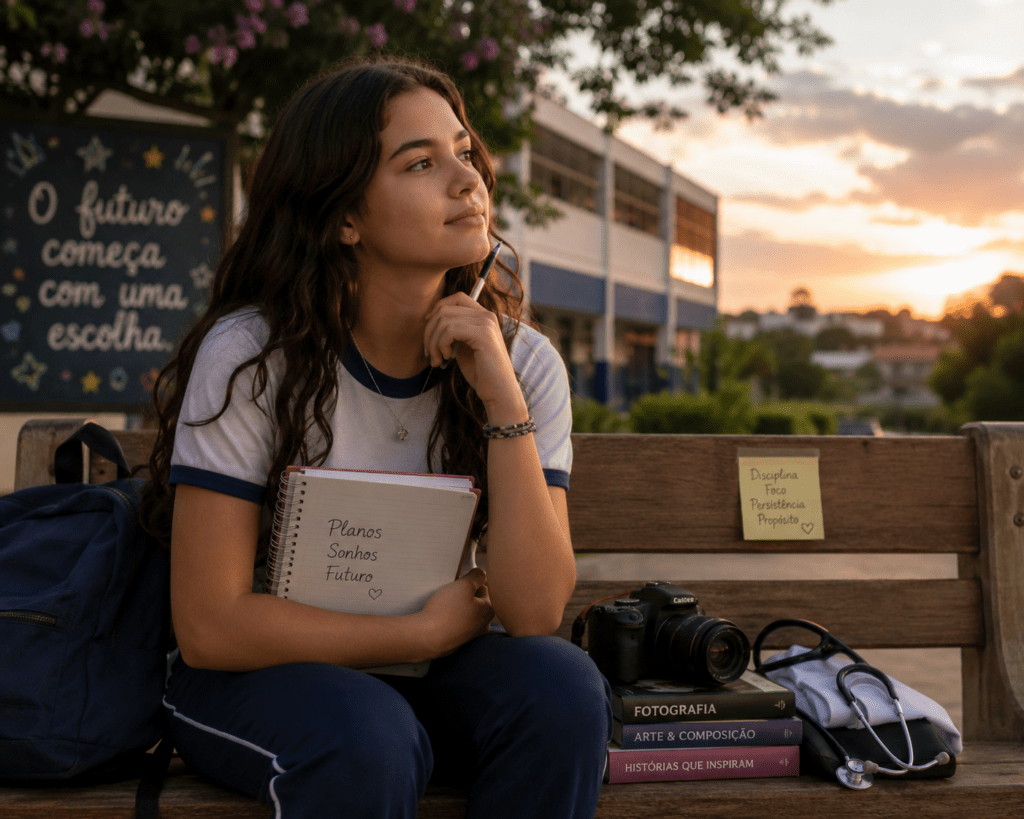 Estudante do ensino médio sentada em um banco da escola, segurando um caderno e olhando pensativa para o horizonte, com um estetoscópio e uma câmera fotográfica ao lado, representando diferentes possibilidades de carreira.