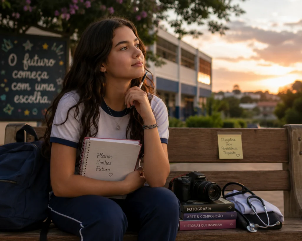 Estudante do ensino médio sentada em um banco da escola, segurando um caderno e olhando pensativa para o horizonte, com um estetoscópio e uma câmera fotográfica ao lado, representando diferentes possibilidades de carreira.
