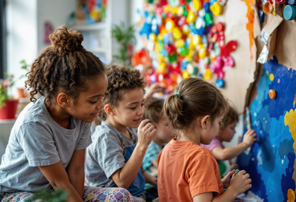 Crianças brincando juntas com papelão colorido