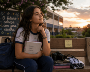 Estudante do ensino médio sentada em um banco da escola, segurando um caderno e olhando pensativa para o horizonte, com um estetoscópio e uma câmera fotográfica ao lado, representando diferentes possibilidades de carreira.